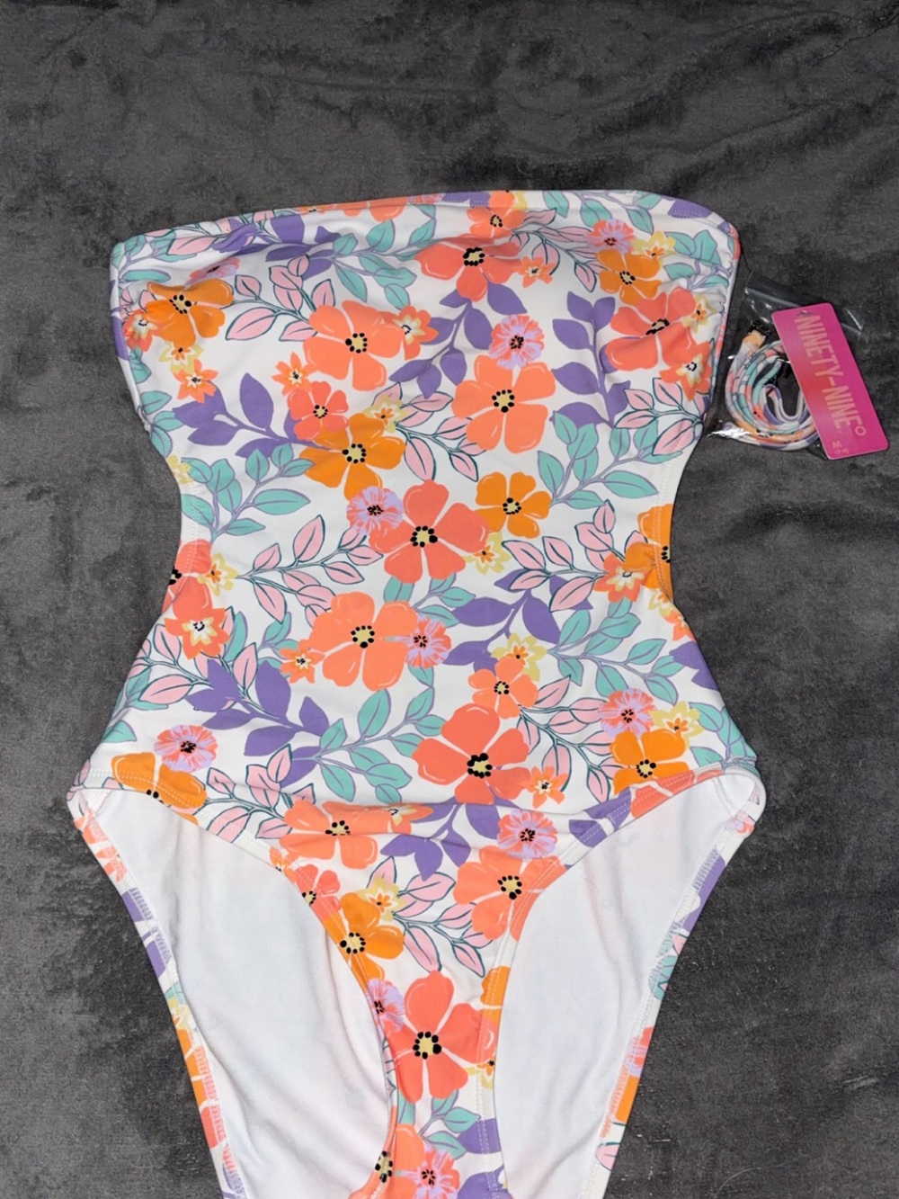Ninety Girls Floral Strapless One-Piece Swimsuit - Coral, Purple & Mint